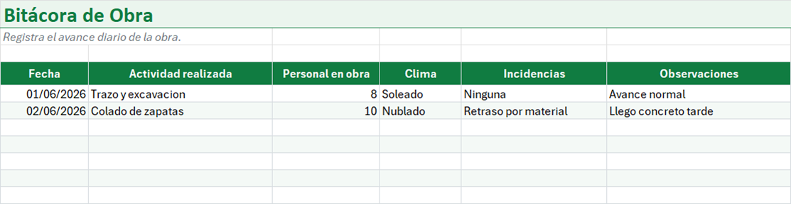 Vista previa de la versión gratis de Plantilla de Bitácora de Obra en Excel