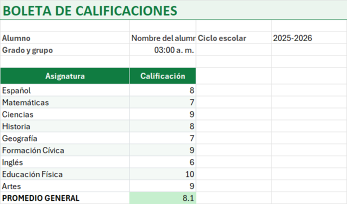 Vista previa de la versión gratis de Formato de Boleta de Calificaciones en Excel