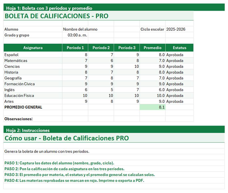 Vista previa de la versión PRO de Formato de Boleta de Calificaciones en Excel con tablero y automatización