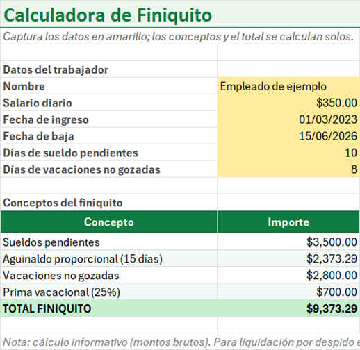 Vista previa de la versión gratis de Calculadora de Finiquito y Liquidación en Excel