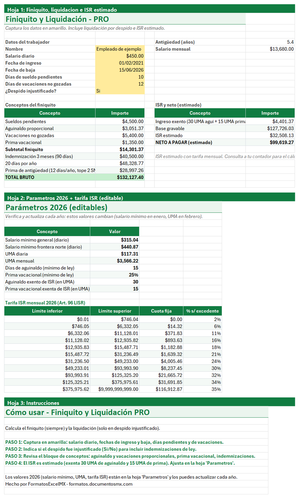 Vista previa de la versión PRO de Calculadora de Finiquito y Liquidación en Excel con tablero y automatización