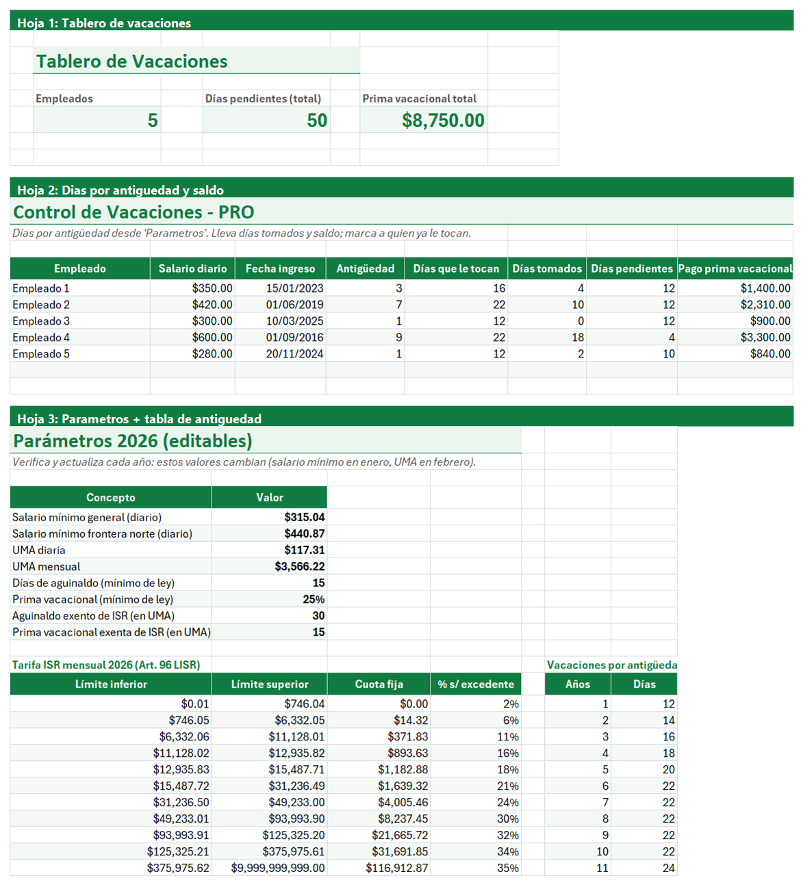 Vista previa de la versión PRO de Calculadora de Vacaciones y Prima Vacacional en Excel con tablero y automatización