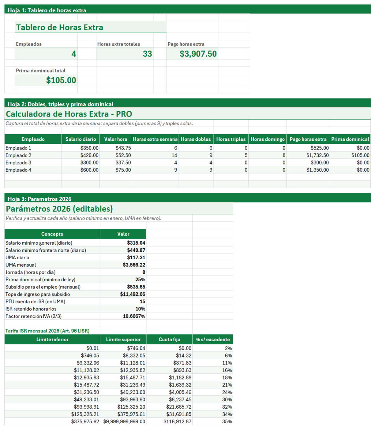 Vista previa de la versión PRO de Calculadora de Horas Extra en Excel con tablero y automatización