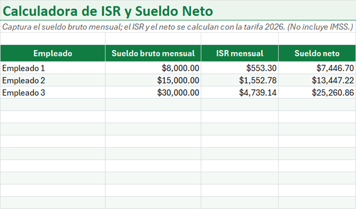 Vista previa de la versión gratis de Calculadora de ISR y Sueldo Neto en Excel