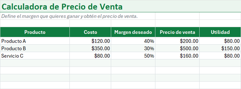 Vista previa de la versión gratis de Calculadora de Precio de Venta y Margen en Excel