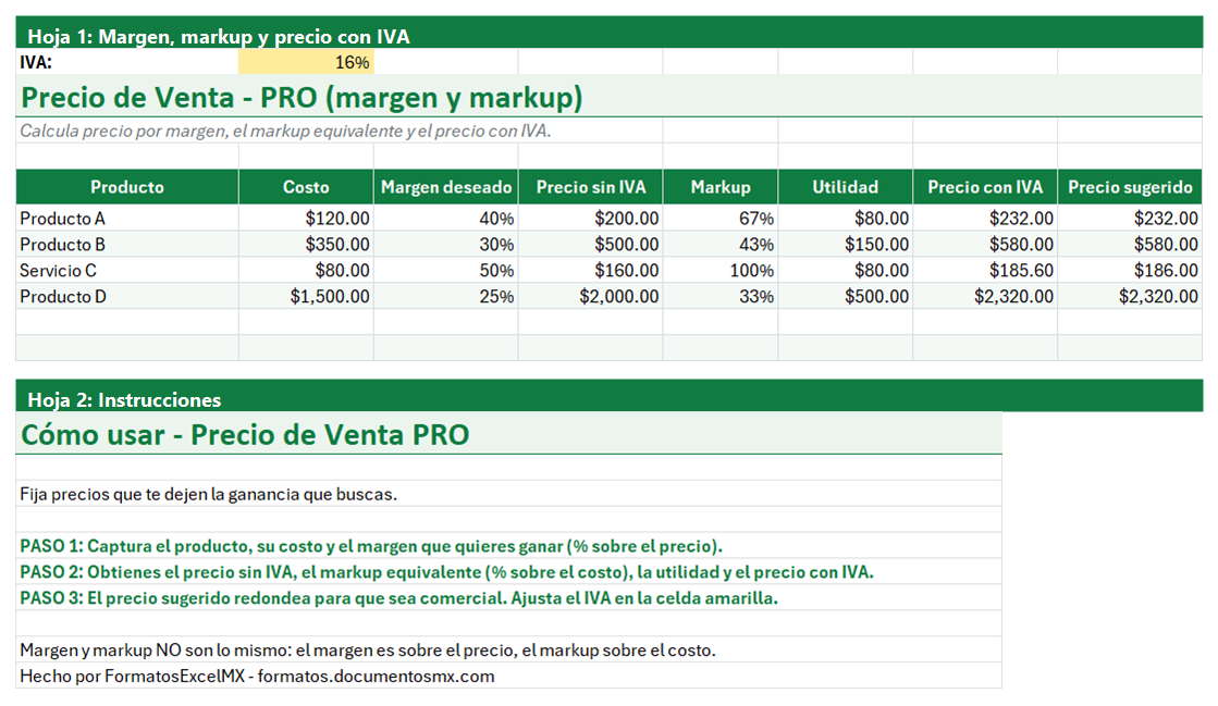 Vista previa de la versión PRO de Calculadora de Precio de Venta y Margen en Excel con tablero y automatización