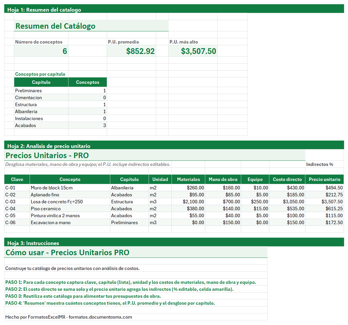 Vista previa de la versión PRO de Catálogo de Conceptos y Precios Unitarios en Excel con tablero y automatización