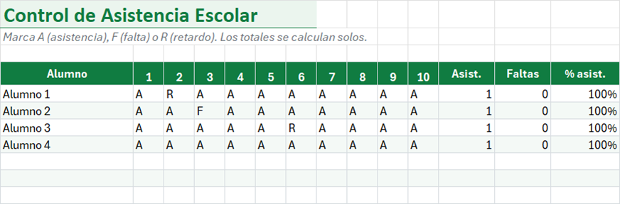 Vista previa de la versión gratis de Plantilla de Control de Asistencia Escolar en Excel