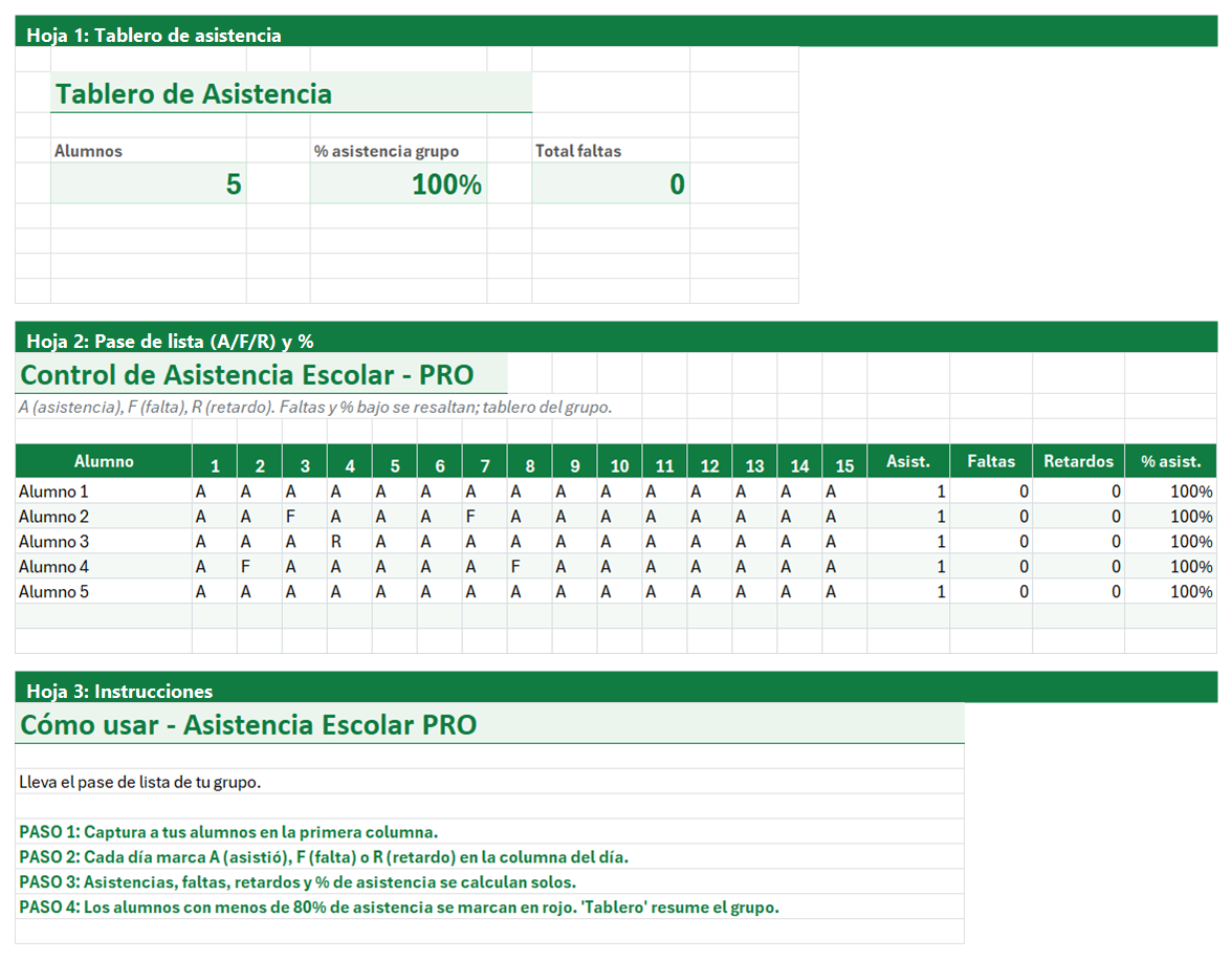 Vista previa de la versión PRO de Plantilla de Control de Asistencia Escolar en Excel con tablero y automatización