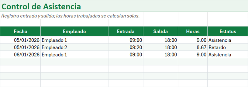 Vista previa de la versión gratis de Control de Asistencia de Empleados en Excel