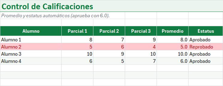 Vista previa de la versión gratis de Plantilla de Control de Calificaciones en Excel