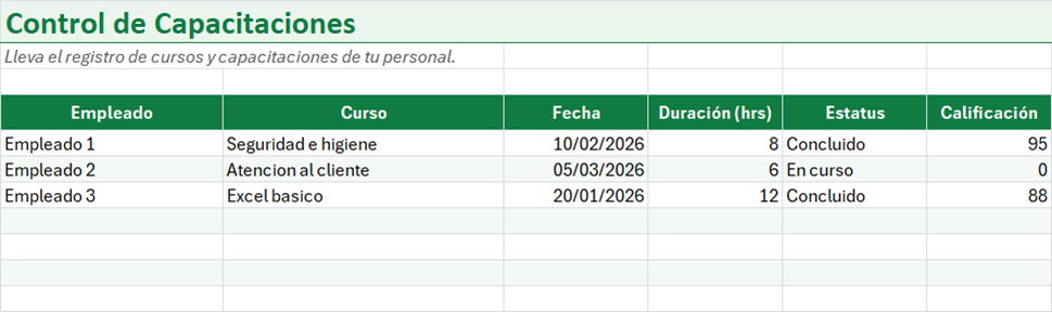 Vista previa de la versión gratis de Plantilla de Control de Capacitaciones en Excel