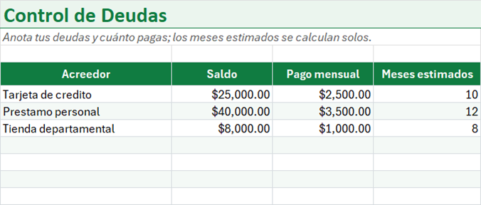Vista previa de la versión gratis de Plantilla de Control de Deudas en Excel