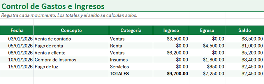 Vista previa de la versión gratis de Plantilla de Control de Gastos e Ingresos en Excel