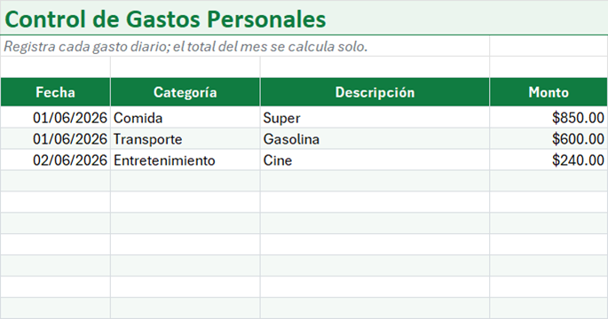 Vista previa de la versión gratis de Plantilla de Control de Gastos Personales en Excel