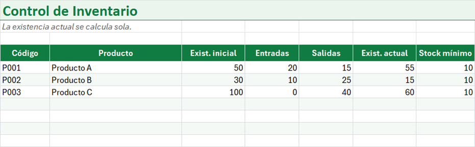 Vista previa de la versión gratis de Plantilla de Control de Inventario en Excel