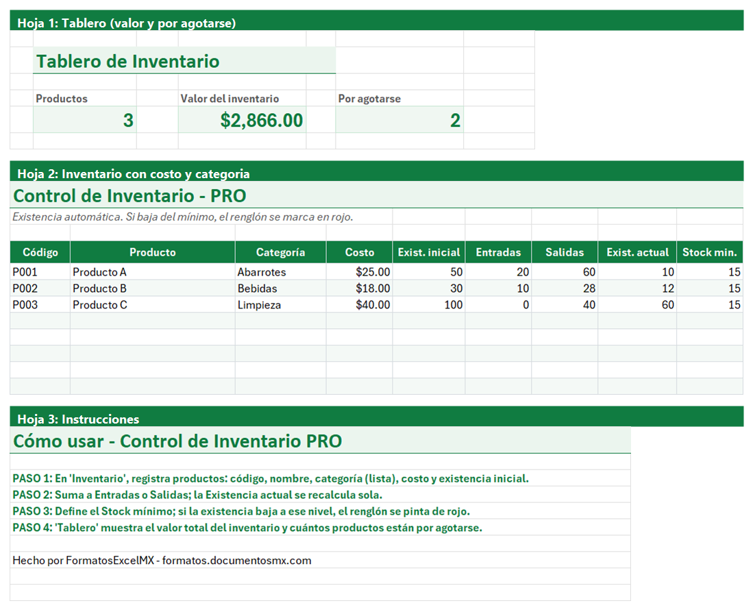 Vista previa de la versión PRO de Plantilla de Control de Inventario en Excel con tablero y automatización