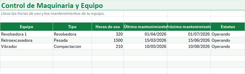 Vista previa de la versión gratis de Plantilla de Control de Maquinaria y Equipo en Excel