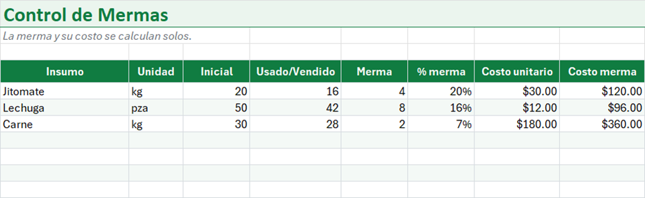 Vista previa de la versión gratis de Plantilla de Control de Mermas en Excel