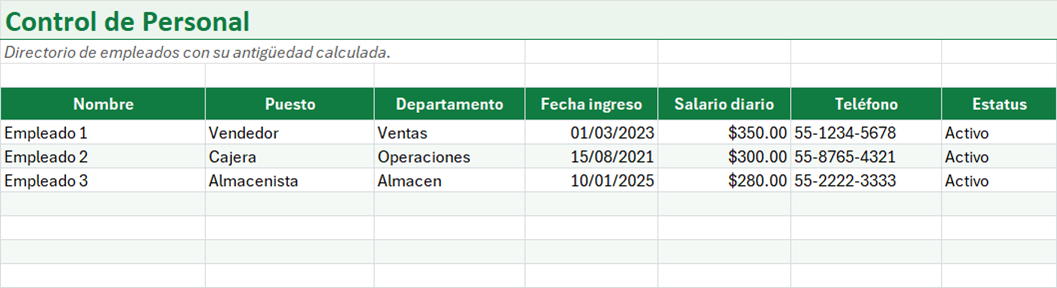 Vista previa de la versión gratis de Control de Personal y Expediente de Empleados en Excel