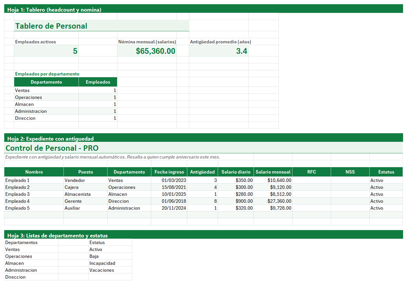 Vista previa de la versión PRO de Control de Personal y Expediente de Empleados en Excel con tablero y automatización