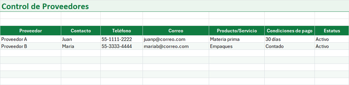Vista previa de la versión gratis de Plantilla de Control de Proveedores en Excel