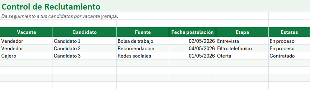 Vista previa de la versión gratis de Plantilla de Control de Reclutamiento en Excel
