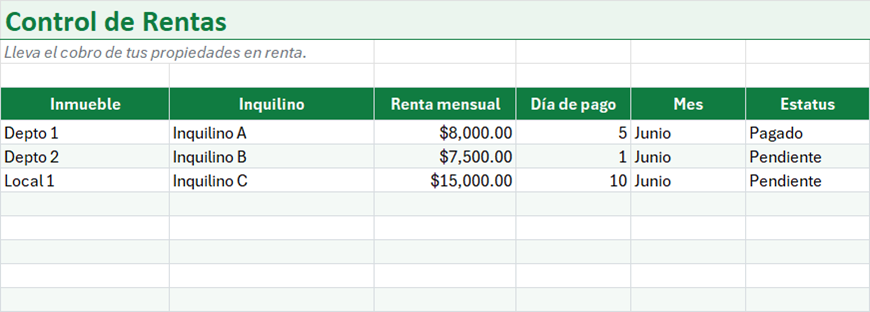 Vista previa de la versión gratis de Plantilla de Control de Rentas en Excel