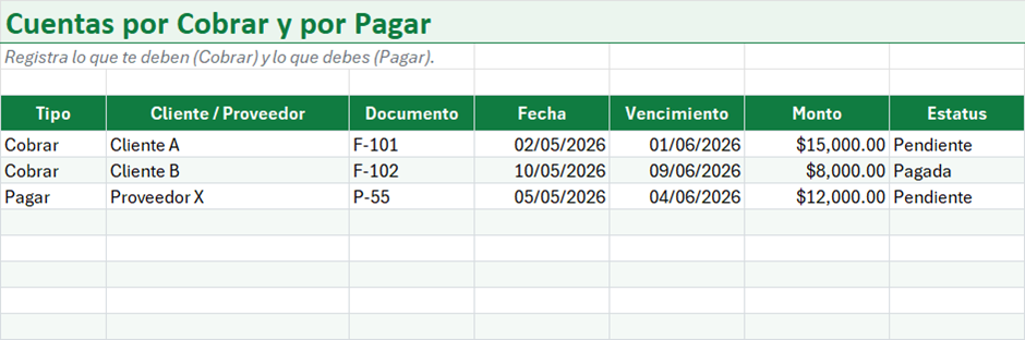 Vista previa de la versión gratis de Plantilla de Cuentas por Cobrar y por Pagar en Excel