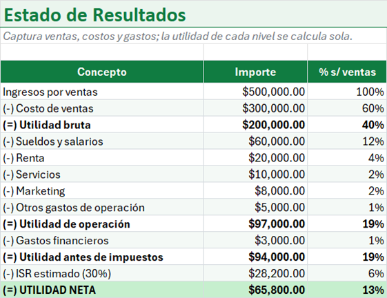 Vista previa de la versión gratis de Plantilla de Estado de Resultados en Excel