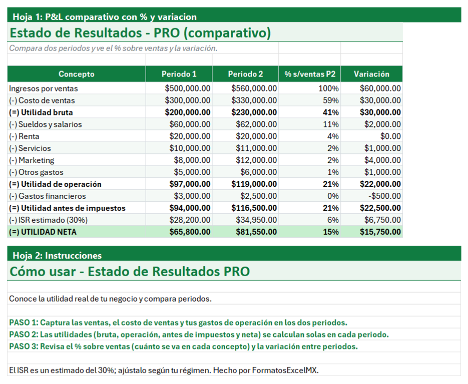 Vista previa de la versión PRO de Plantilla de Estado de Resultados en Excel con tablero y automatización