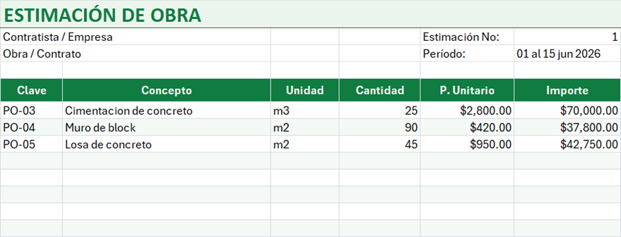 Vista previa de la versión gratis de Plantilla de Estimaciones de Obra en Excel