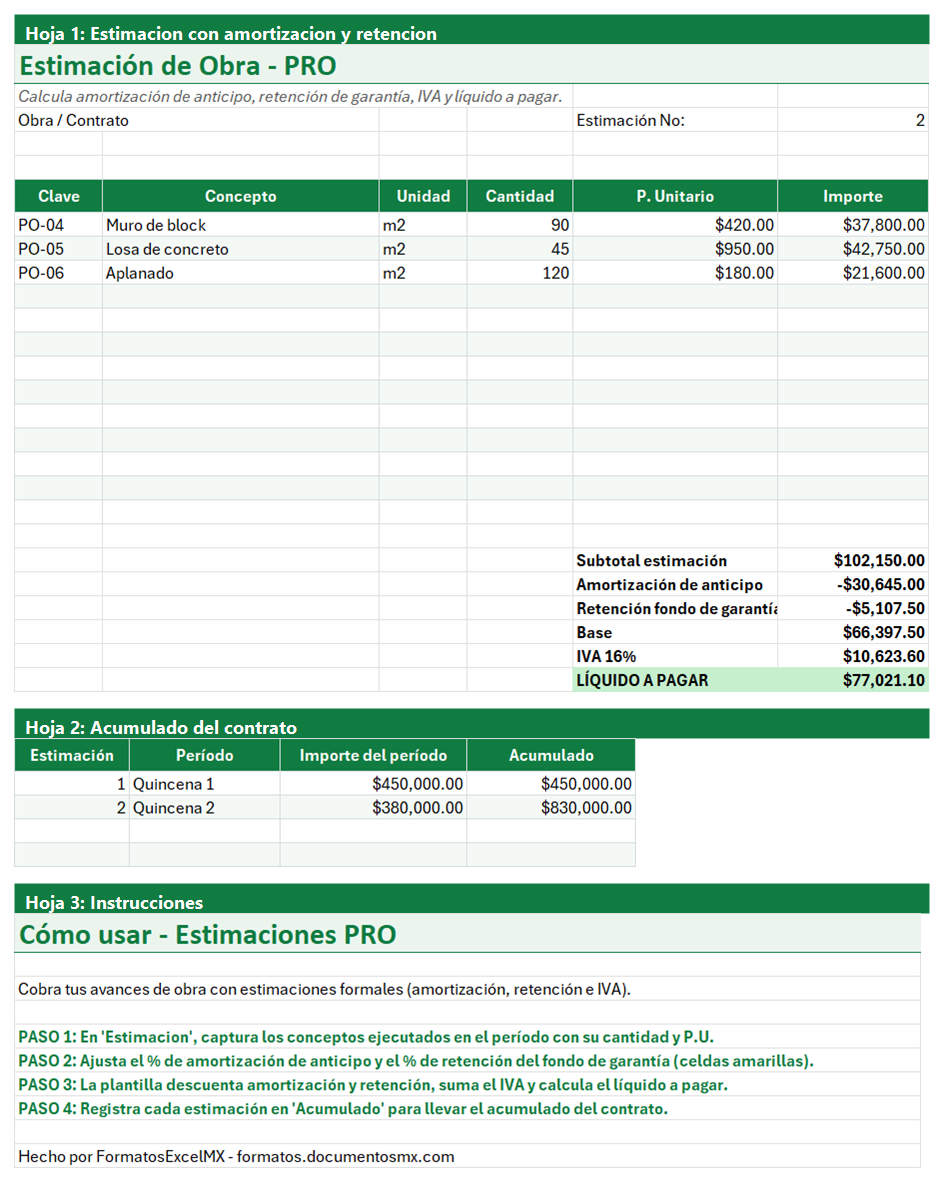 Vista previa de la versión PRO de Plantilla de Estimaciones de Obra en Excel con tablero y automatización