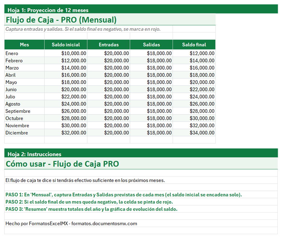 Vista previa de la versión PRO de Plantilla de Flujo de Caja en Excel con tablero y automatización