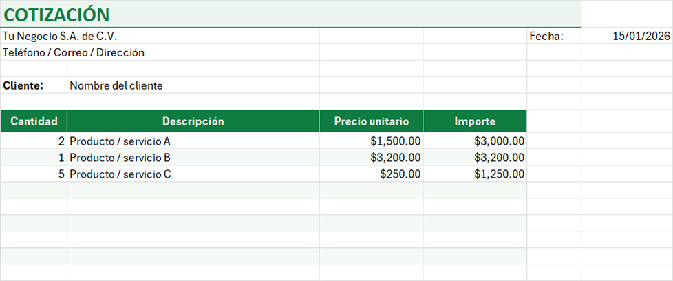Vista previa de la versión gratis de Formato de Cotización en Excel con IVA
