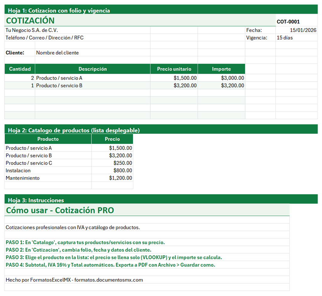Vista previa de la versión PRO de Formato de Cotización en Excel con IVA con tablero y automatización