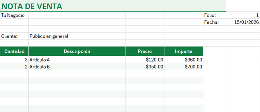 Vista previa de la versión gratis de Formato de Nota de Venta en Excel