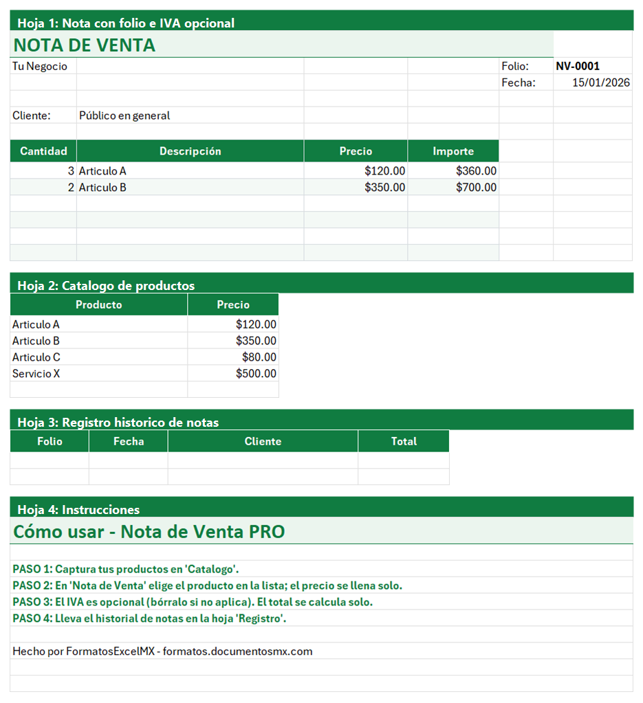 Vista previa de la versión PRO de Formato de Nota de Venta en Excel con tablero y automatización