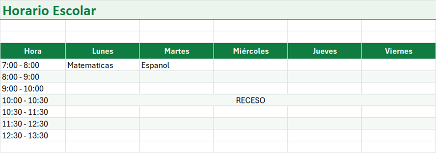 Vista previa de la versión gratis de Plantilla de Horario Escolar en Excel