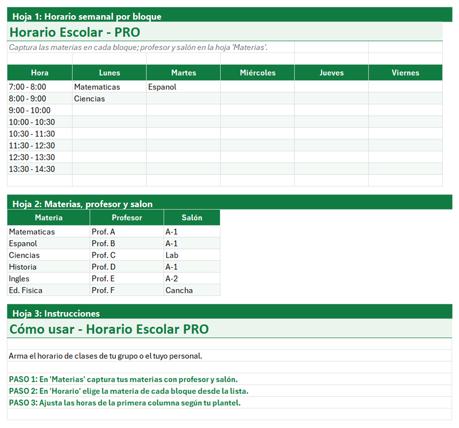 Vista previa de la versión PRO de Plantilla de Horario Escolar en Excel con tablero y automatización