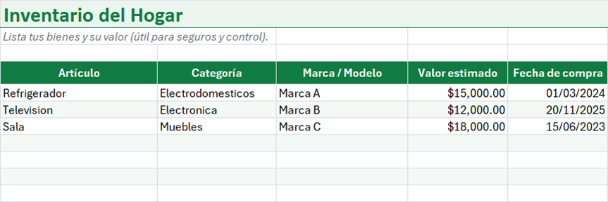 Vista previa de la versión gratis de Plantilla de Inventario del Hogar en Excel