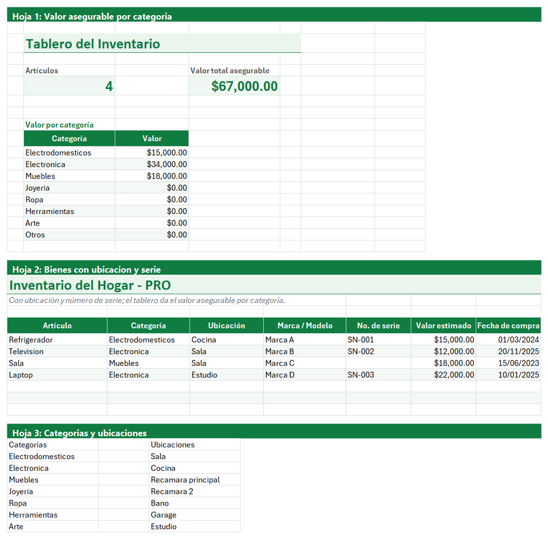 Vista previa de la versión PRO de Plantilla de Inventario del Hogar en Excel con tablero y automatización