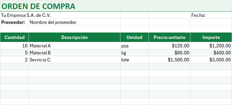 Vista previa de la versión gratis de Formato de Orden de Compra en Excel