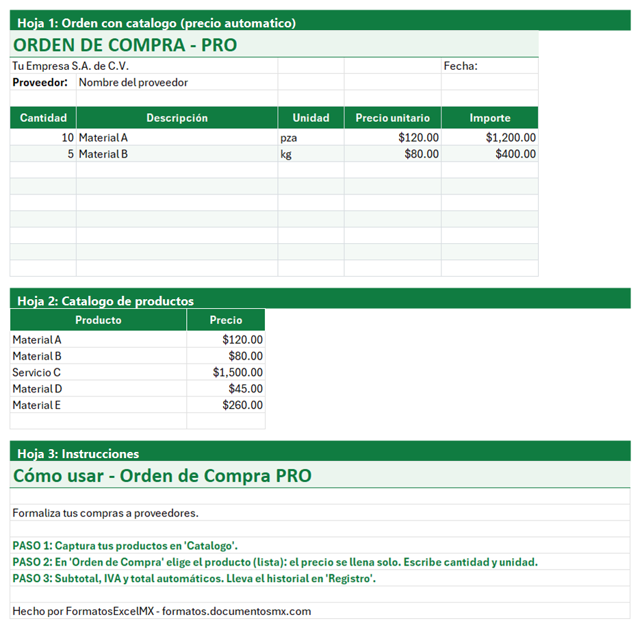 Vista previa de la versión PRO de Formato de Orden de Compra en Excel con tablero y automatización