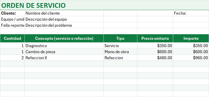 Vista previa de la versión gratis de Formato de Orden de Servicio en Excel