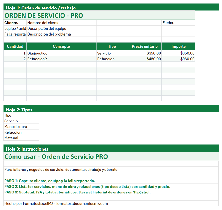 Vista previa de la versión PRO de Formato de Orden de Servicio en Excel con tablero y automatización