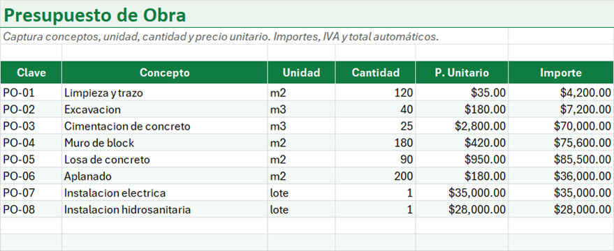 Vista previa de la versión gratis de Plantilla de Presupuesto de Obra en Excel