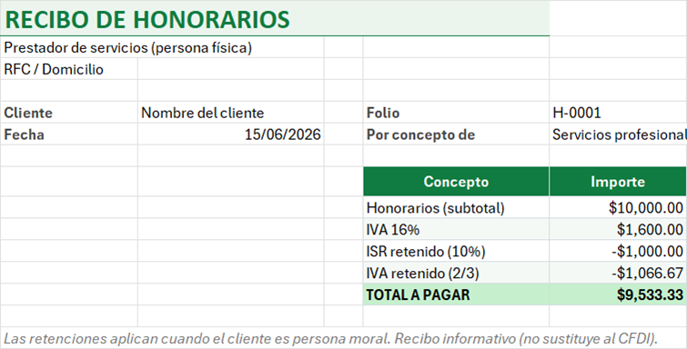 Vista previa de la versión gratis de Formato de Recibo de Honorarios en Excel