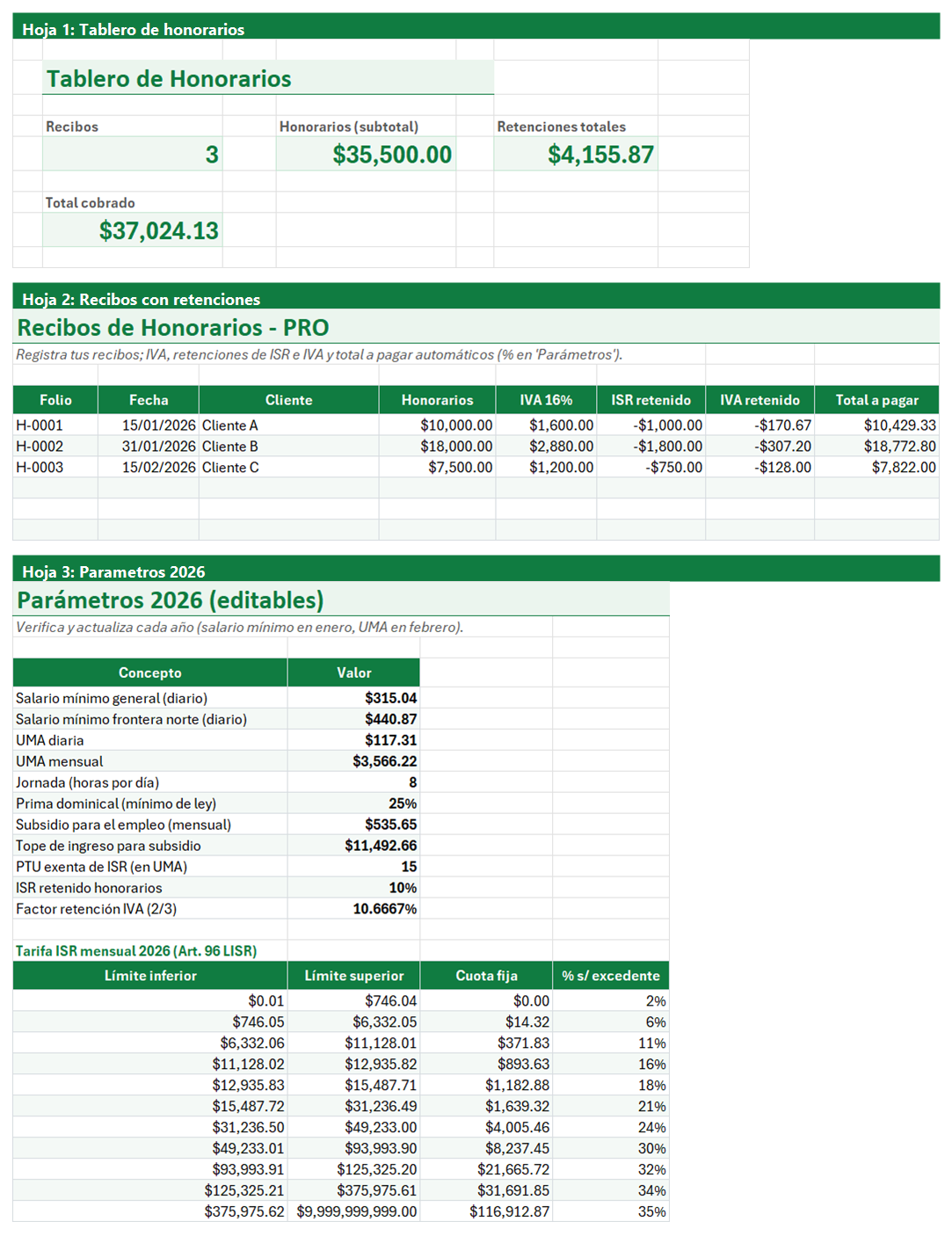 Vista previa de la versión PRO de Formato de Recibo de Honorarios en Excel con tablero y automatización