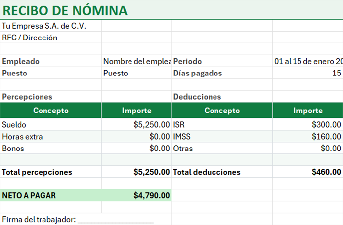 Vista previa de la versión gratis de Formato de Recibo de Nómina en Excel